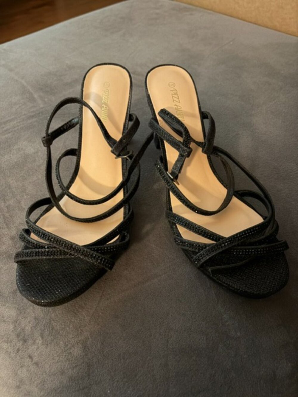 Pizz Anni Women's Black Glitter Strappy Platform Heeled Sandals Size 8.5 wide